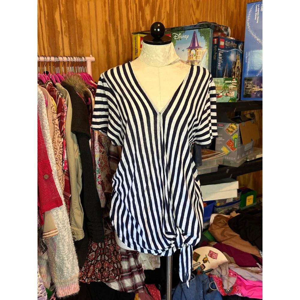 Michael Kors Navy Blue White Striped Wrap Top Side Tie Short Sleeve Linen XL